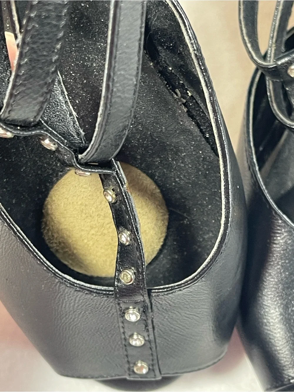 Dancing Dolls Black Leather Ballroom Latin Dance Shoes T-Strap Rhinestone 8.5W